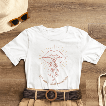 Soft Voices Shift Mountains – Minimalist Lips & Floral Empowerment T-Shirt - Spirit Stitch