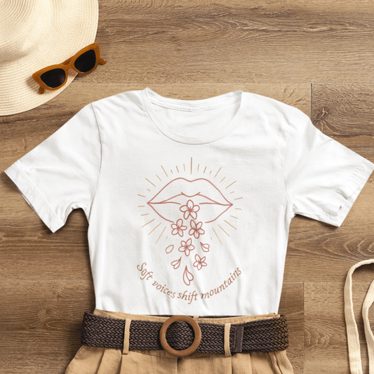 Soft Voices Shift Mountains – Minimalist Lips & Floral Empowerment T-Shirt - Spirit Stitch