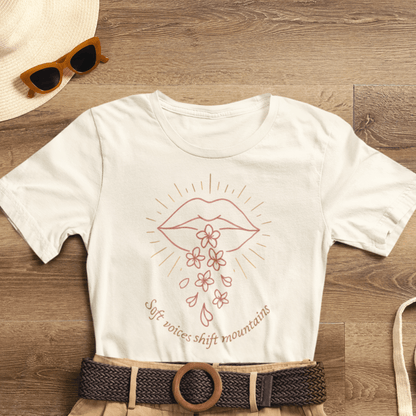 Soft Voices Shift Mountains – Minimalist Lips & Floral Empowerment T-Shirt - Spirit Stitch