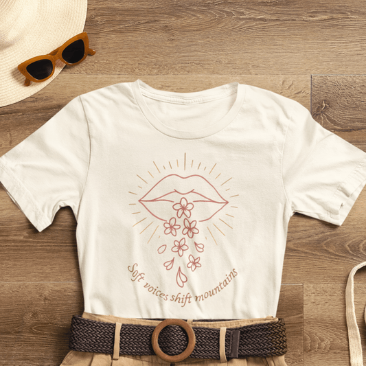 Soft Voices Shift Mountains – Minimalist Lips & Floral Empowerment T-Shirt - Spirit Stitch