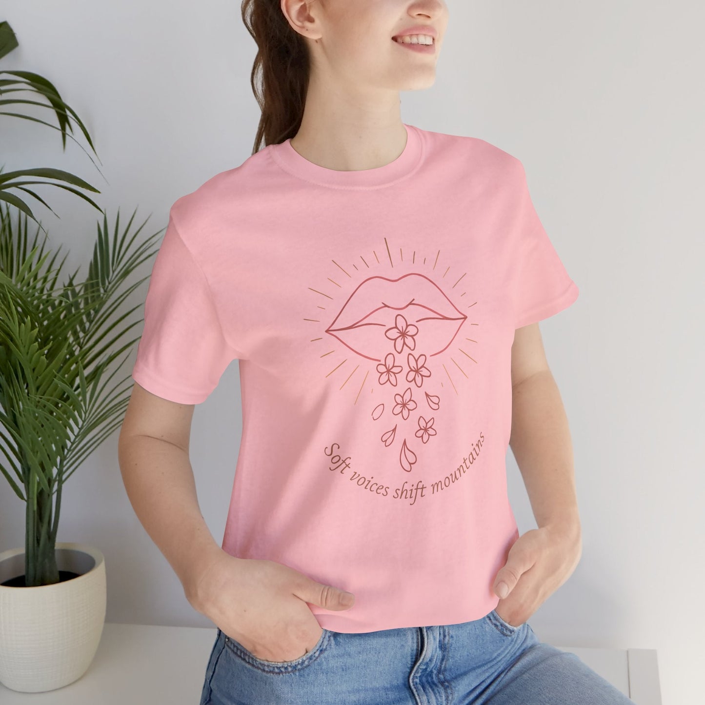 Soft Voices Shift Mountains – Minimalist Lips & Floral Empowerment T-Shirt - Spirit Stitch