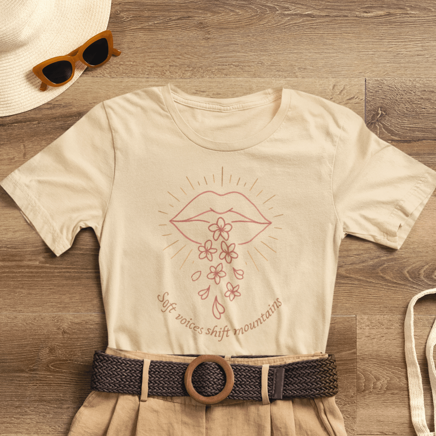 Soft Voices Shift Mountains – Minimalist Lips & Floral Empowerment T-Shirt - Spirit Stitch