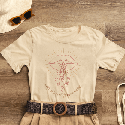 Soft Voices Shift Mountains – Minimalist Lips & Floral Empowerment T-Shirt - Spirit Stitch