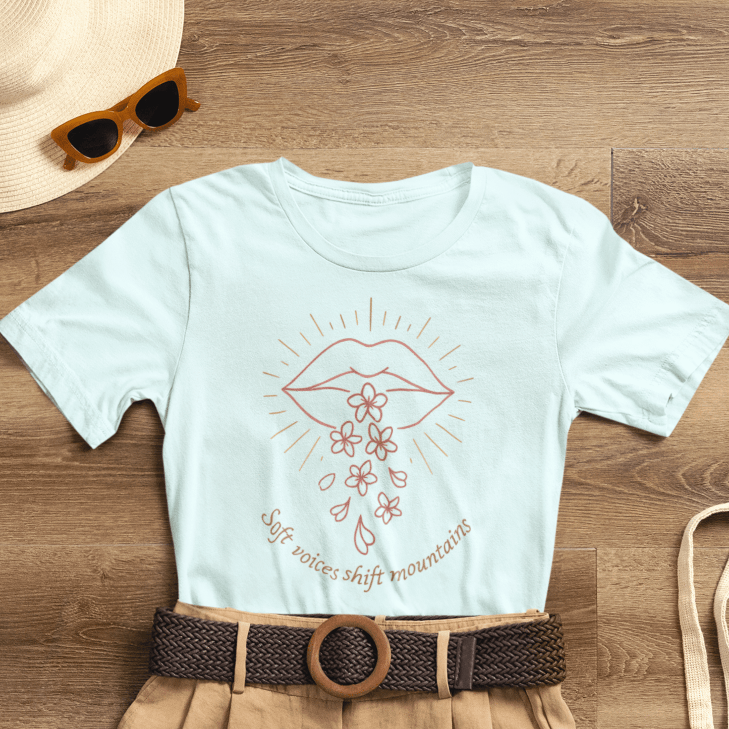Soft Voices Shift Mountains – Minimalist Lips & Floral Empowerment T-Shirt - Spirit Stitch