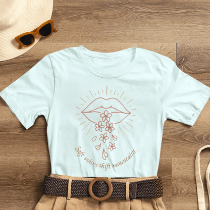 Soft Voices Shift Mountains – Minimalist Lips & Floral Empowerment T-Shirt - Spirit Stitch