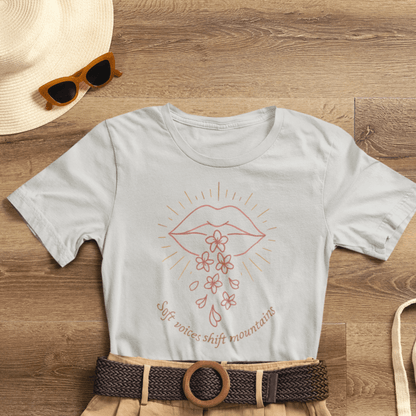 Soft Voices Shift Mountains – Minimalist Lips & Floral Empowerment T-Shirt - Spirit Stitch