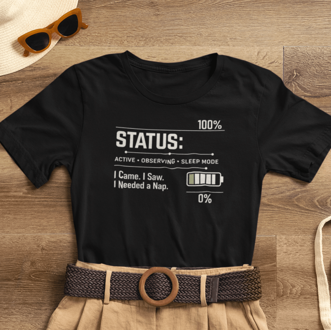 Status 100% Nap Mode T-Shirt – Funny Introvert Battery Graphic Tee – I Came I Saw I Needed a Nap Shirt - Spirit Stitch