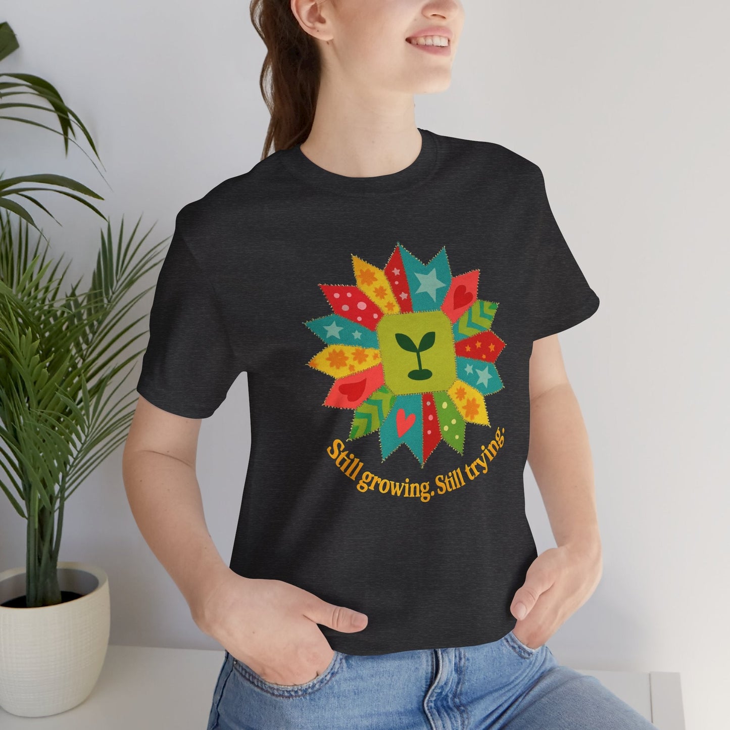 Still Growing Still Trying Shirt – Naive Flower Face Patchwork Tee - Spirit Stitch