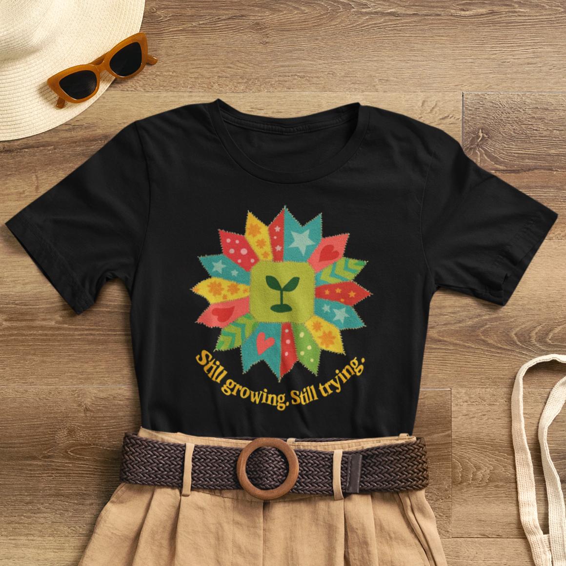 Still Growing Still Trying Shirt – Naive Flower Face Patchwork Tee - Spirit Stitch