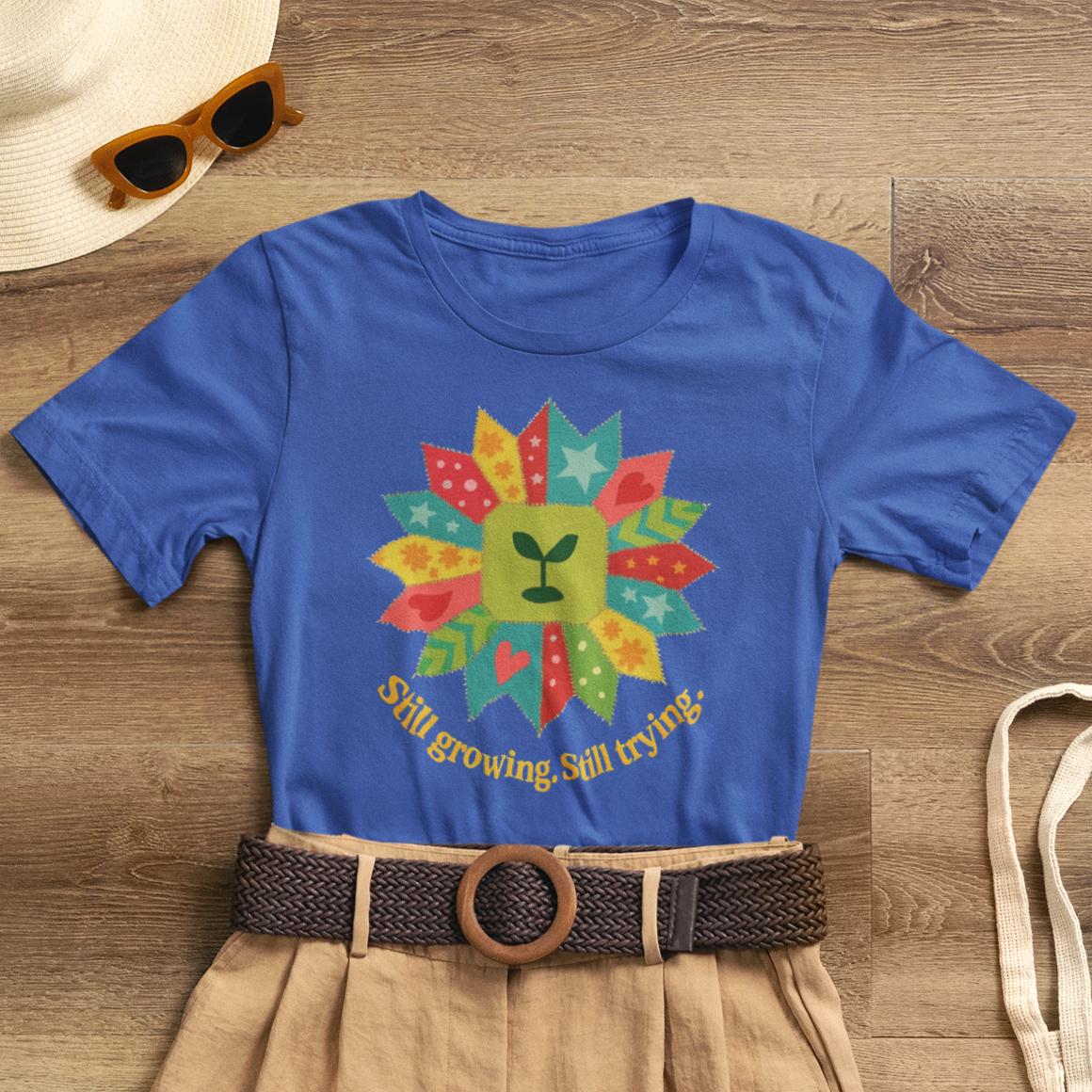 Still Growing Still Trying Shirt – Naive Flower Face Patchwork Tee - Spirit Stitch