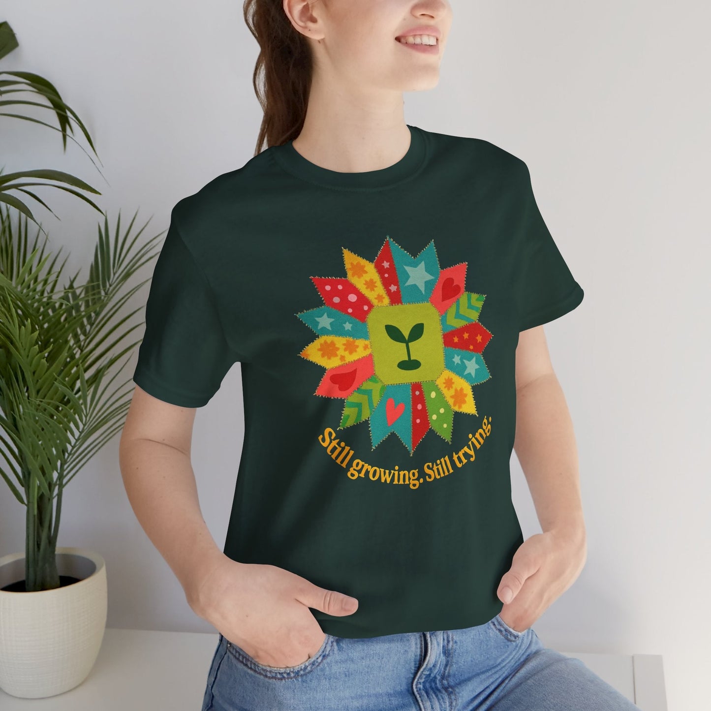 Still Growing Still Trying Shirt – Naive Flower Face Patchwork Tee - Spirit Stitch