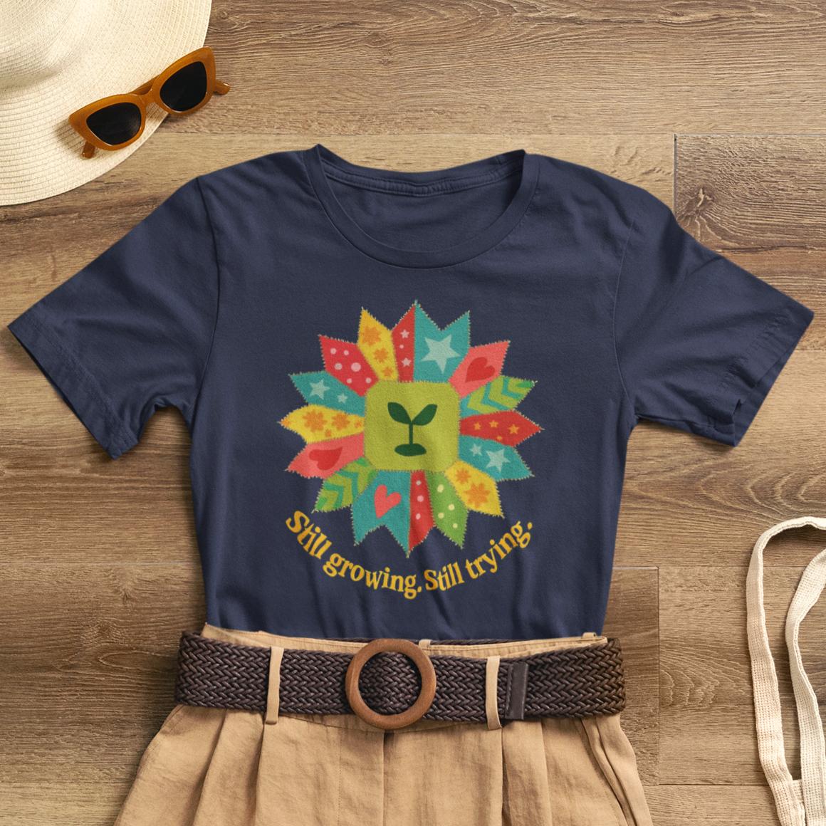 Still Growing Still Trying Shirt – Naive Flower Face Patchwork Tee - Spirit Stitch