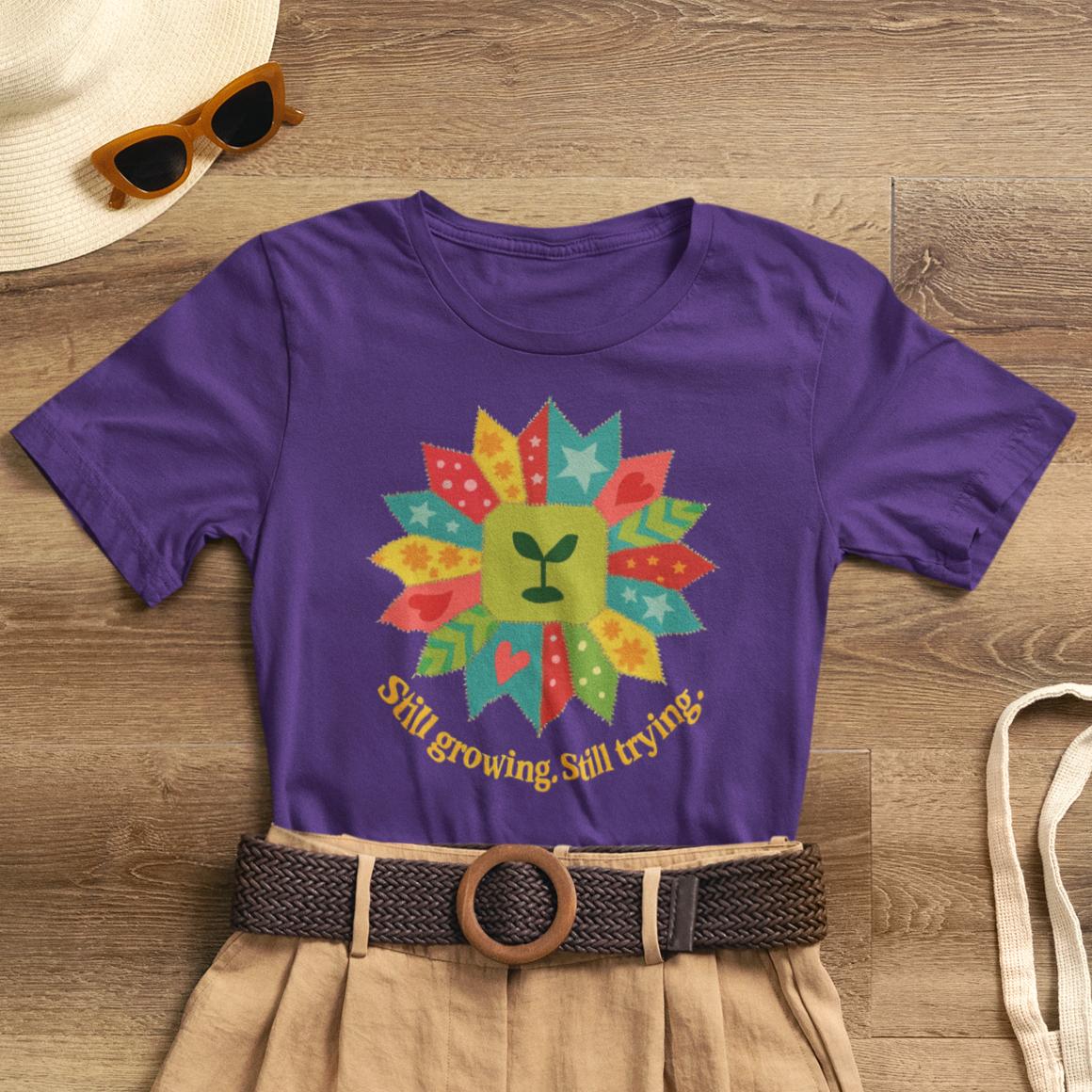 Still Growing Still Trying Shirt – Naive Flower Face Patchwork Tee - Spirit Stitch