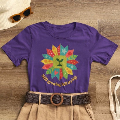 Still Growing Still Trying Shirt – Naive Flower Face Patchwork Tee - Spirit Stitch