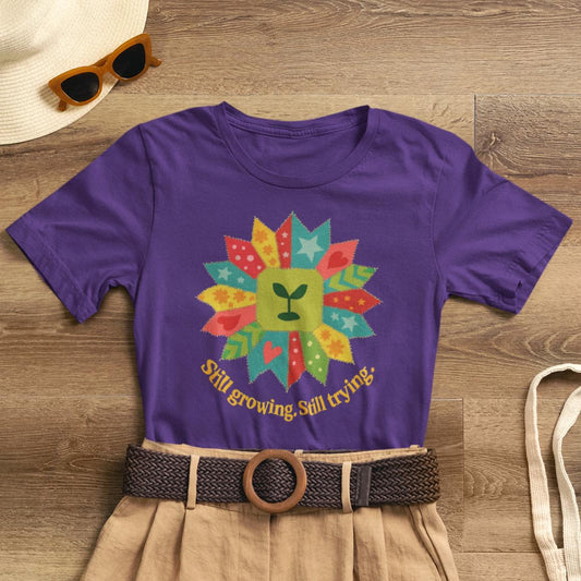 Still Growing Still Trying Shirt – Naive Flower Face Patchwork Tee - Spirit Stitch