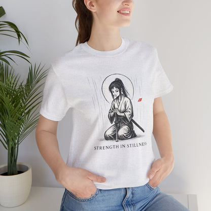 Strength in Stillness – Samurai Girl Meditation T-Shirt, Soft Warrior Graphic Tee, Anime Zen Art Shirt - Spirit Stitch