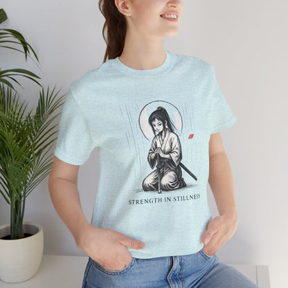 Strength in Stillness – Samurai Girl Meditation T-Shirt, Soft Warrior Graphic Tee, Anime Zen Art Shirt - Spirit Stitch