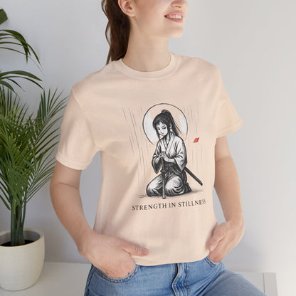 Strength in Stillness – Samurai Girl Meditation T-Shirt, Soft Warrior Graphic Tee, Anime Zen Art Shirt - Spirit Stitch