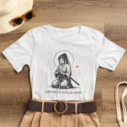 Strength in Stillness – Samurai Girl Meditation T-Shirt, Soft Warrior Graphic Tee, Anime Zen Art Shirt - Spirit Stitch