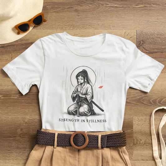 Strength in Stillness – Samurai Girl Meditation T-Shirt, Soft Warrior Graphic Tee, Anime Zen Art Shirt - Spirit Stitch
