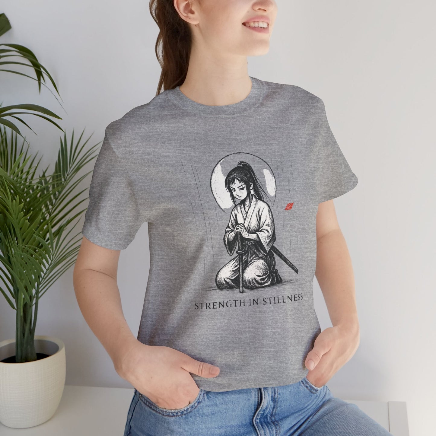 Strength in Stillness – Samurai Girl Meditation T-Shirt, Soft Warrior Graphic Tee, Anime Zen Art Shirt - Spirit Stitch