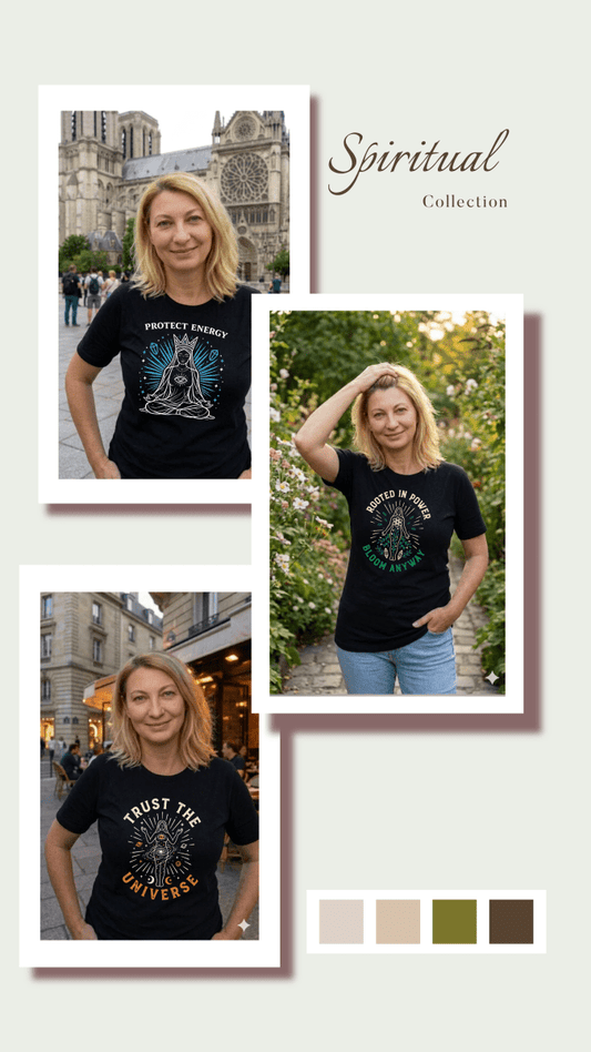 Set of three Spirit Stitch empowerment tees from The Spiritual Essence Trio, featuring inspiring designs and comfortable fabric.