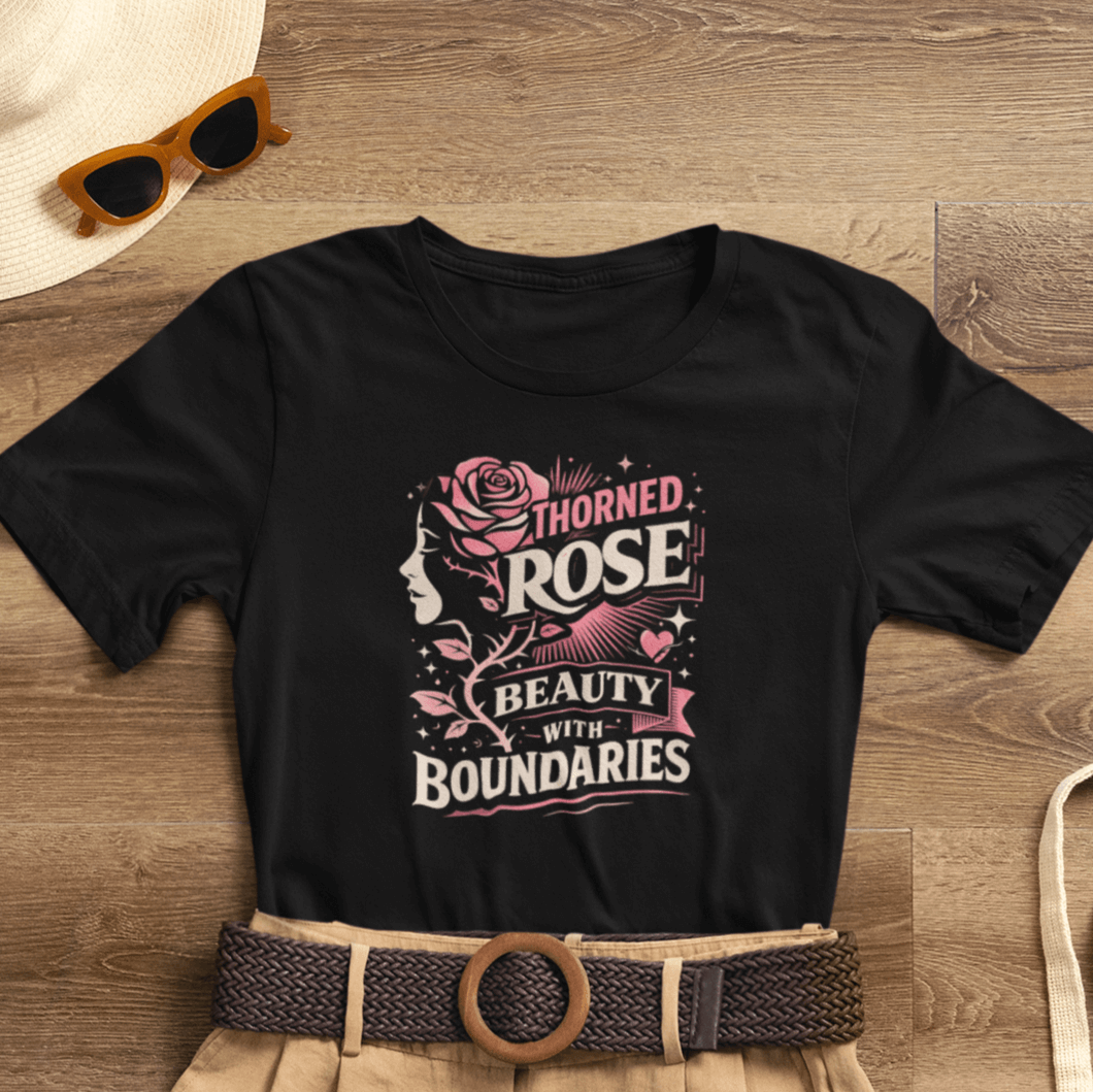 Thorned rose graphic on a Beauty With Boundaries feminine empowerment T-shirt by Printify.