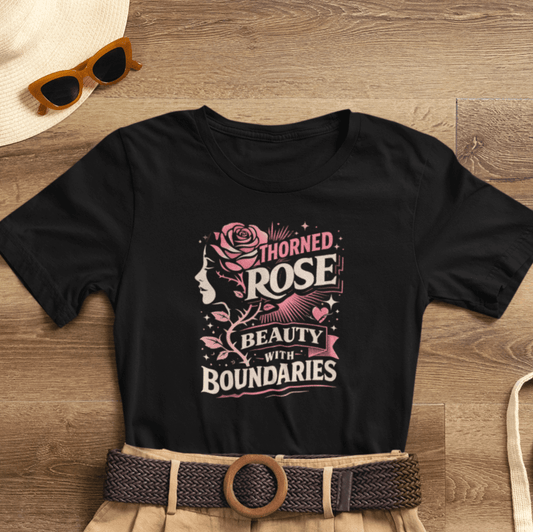 Thorned rose graphic on a Beauty With Boundaries feminine empowerment T-shirt by Printify.