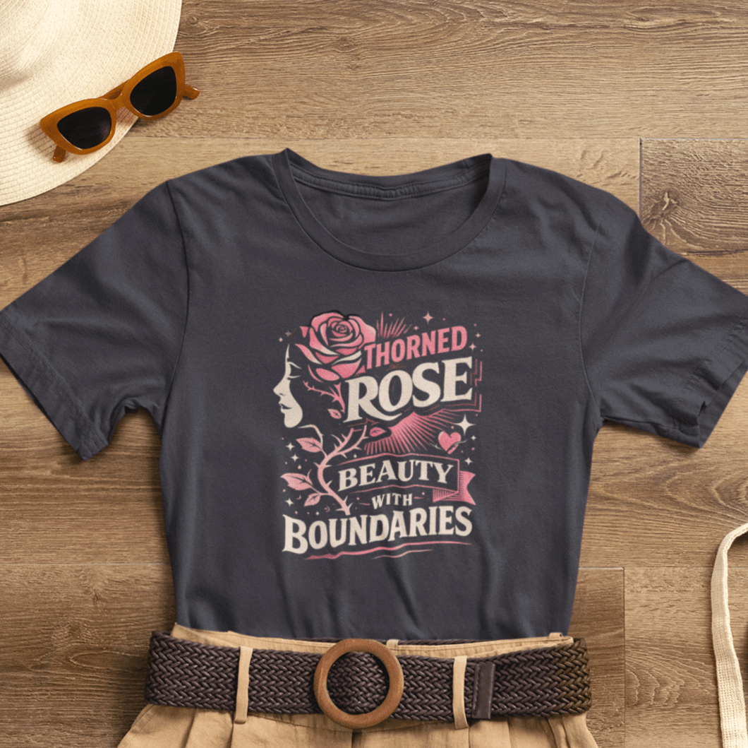 Thorned rose graphic on a Beauty With Boundaries T-Shirt, symbolizing feminine empowerment and personal growth.