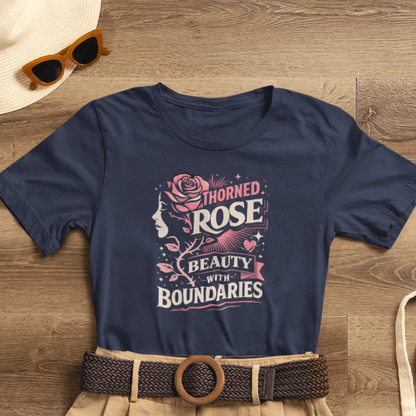 Thorned Rose T-Shirt by Printify featuring a feminine empowerment design, ideal for personal growth and breakup recovery.