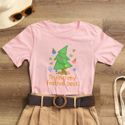 Trying My Festive Best – Cute Holiday Tree Graphic Tee | Funny Christmas T-Shirt | Soft Unisex Comfort Tee - Spirit Stitch