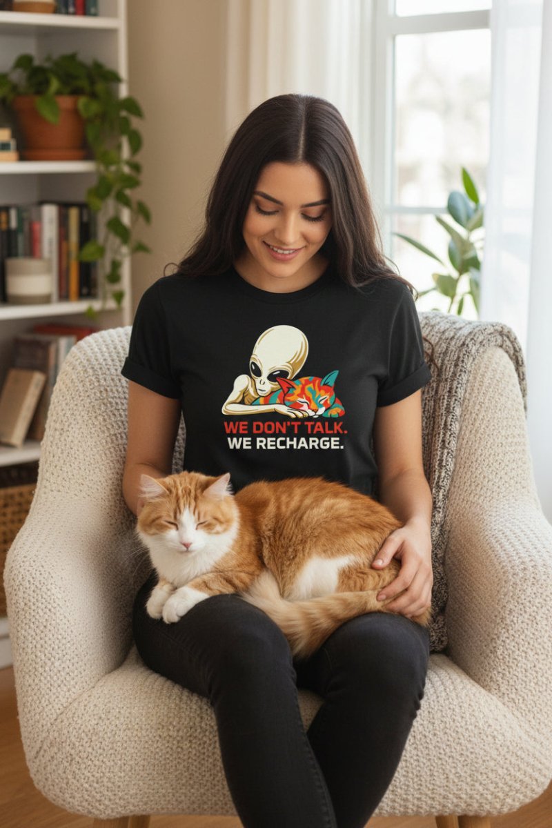 We Don't Talk We Recharge T-Shirt | Alien Cat Introvert Tee | Funny Spiritual Gift for Cat Lovers - Spirit Stitch
