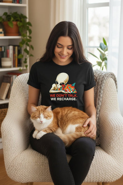 We Don't Talk We Recharge T-Shirt | Alien Cat Introvert Tee | Funny Spiritual Gift for Cat Lovers - Spirit Stitch