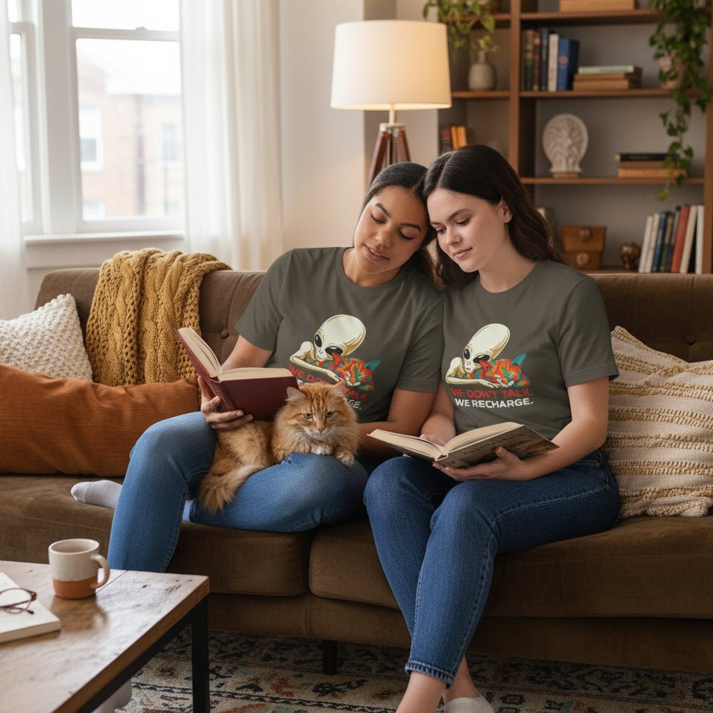 We Don't Talk We Recharge T-Shirt | Alien Cat Introvert Tee | Funny Spiritual Gift for Cat Lovers - Spirit Stitch