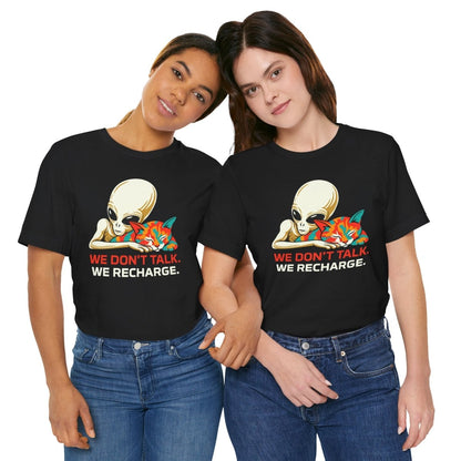 We Don't Talk We Recharge T-Shirt | Alien Cat Introvert Tee | Funny Spiritual Gift for Cat Lovers - Spirit Stitch