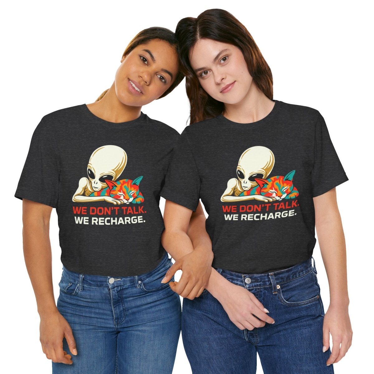 We Don't Talk We Recharge T-Shirt | Alien Cat Introvert Tee | Funny Spiritual Gift for Cat Lovers - Spirit Stitch