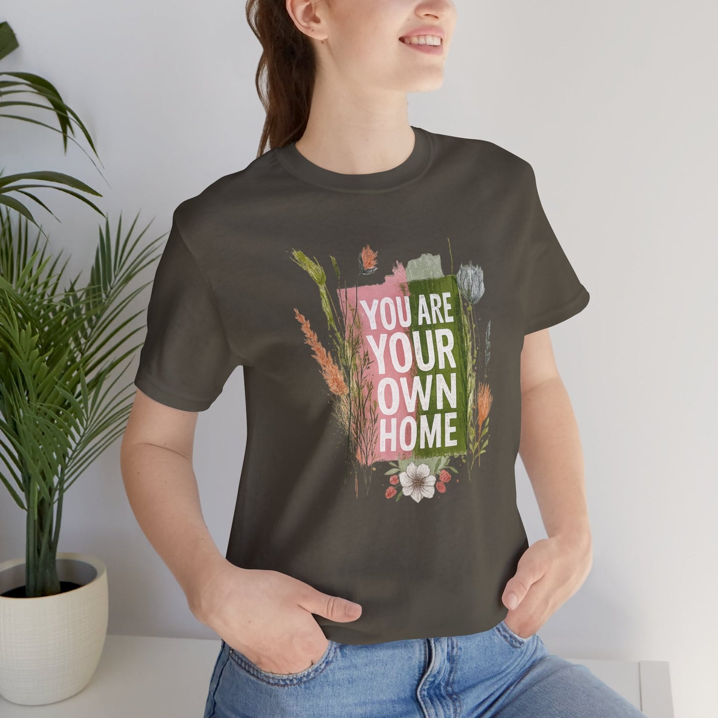 Botanical affirmation T-shirt by Printify featuring nature-inspired self-love message on a comfortable cotton tee.