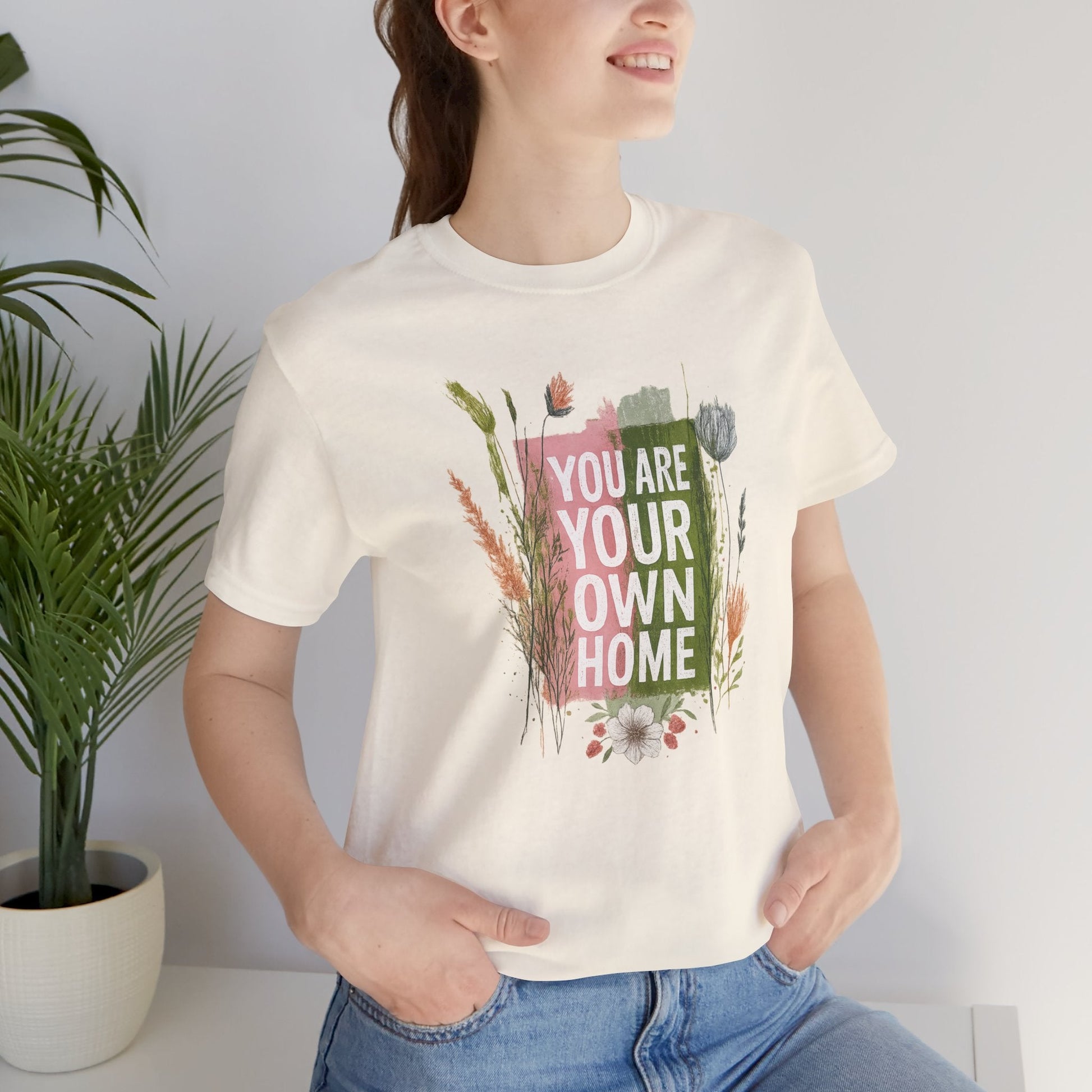 Botanical affirmation T-shirt from Printify featuring nature-inspired self-love message, casual unisex cotton tee.