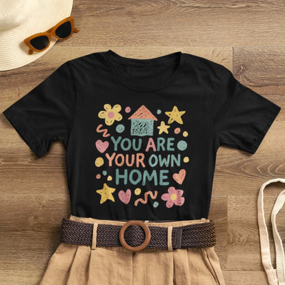 Pastel doodle tee featuring "You Are Your Own Home" quote, soft fabric, and naive art aesthetic by Printify.