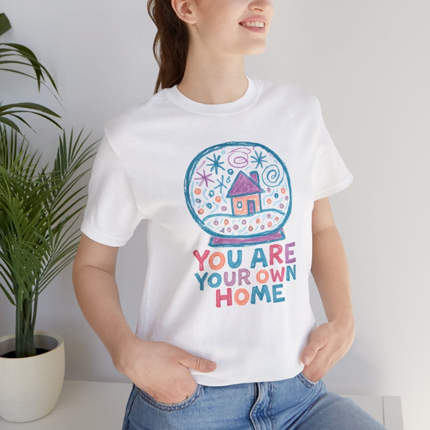You Are Your Own Home Shirt – Snow Globe Pastel Cottage Tee, Cozy Whimsical Doodle Design, Self - Spirit Stitch