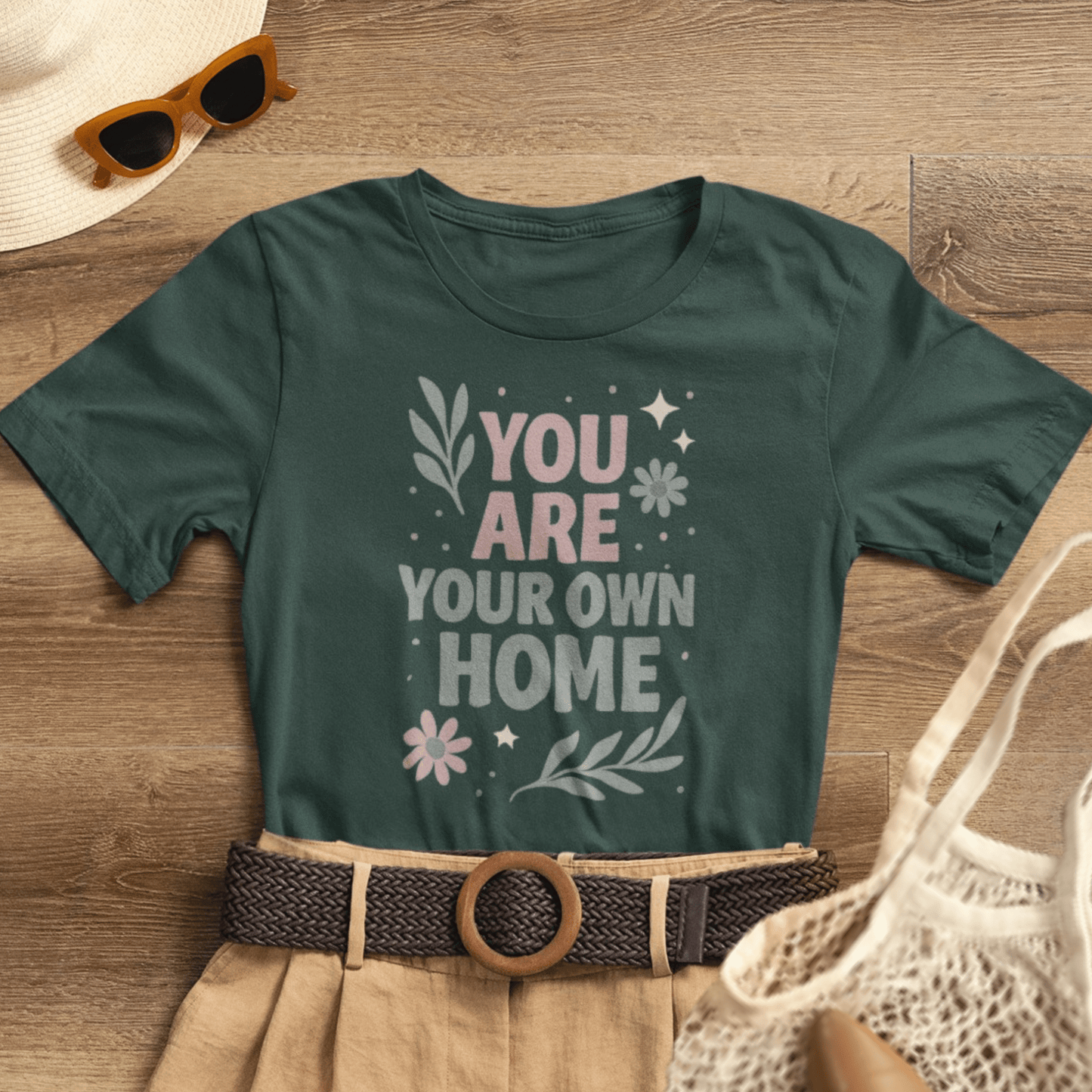 Gray You Are Your Own Home T-Shirt by Printify featuring a gentle reminder message for self-love and healing.