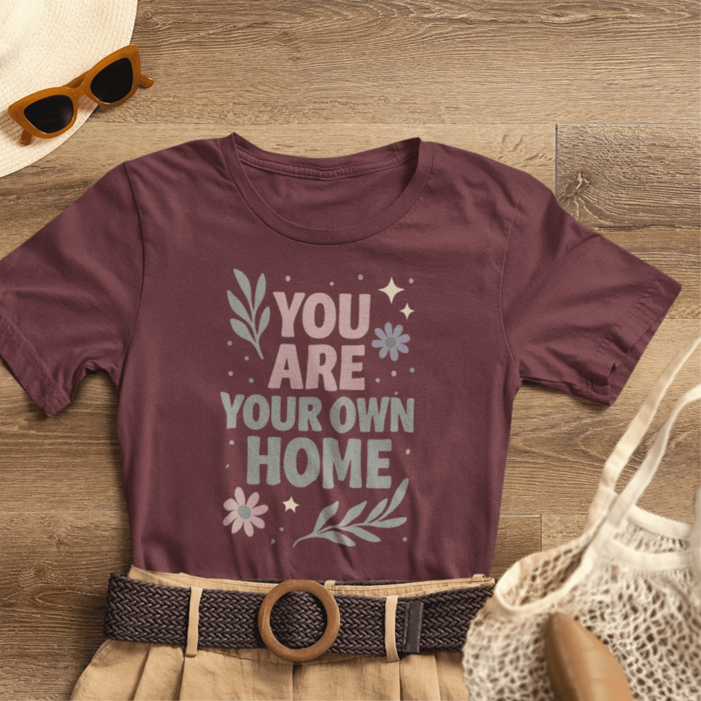 Gray "You Are Your Own Home" T-Shirt by Printify featuring a motivational message for self-love and healing.