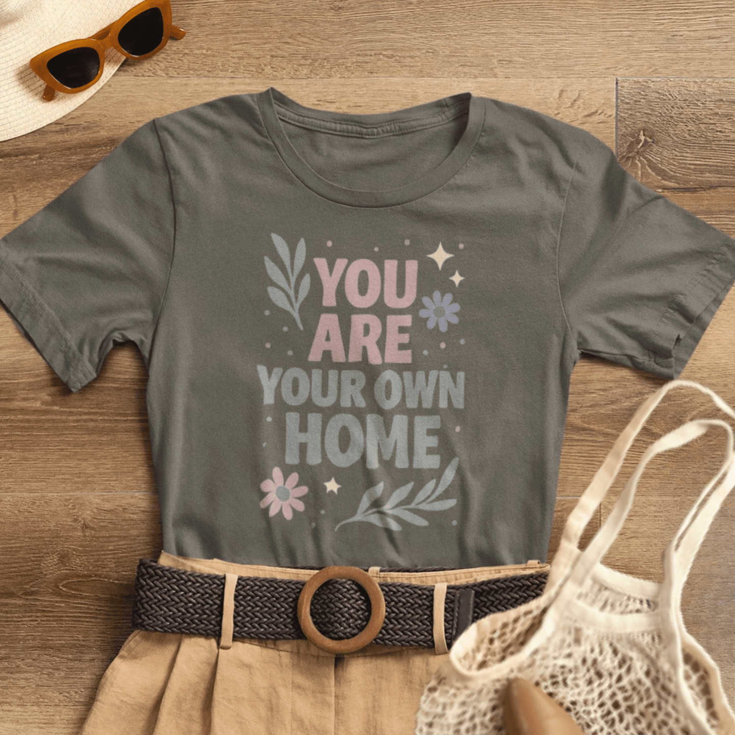 Gray You Are Your Own Home T-Shirt by Printify, featuring a gentle reminder for self-love and healing.
